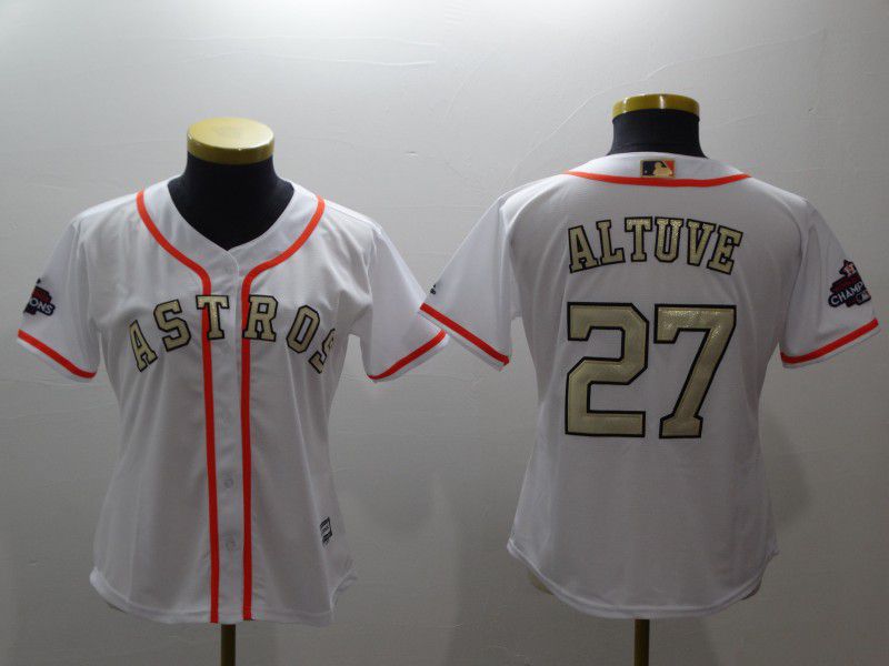 Women Houston Astros #27 Altuve White Gold version MLB Jerseys->youth mlb jersey->Youth Jersey